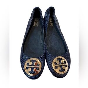 Tory Burch Blue Textured Flats with Gold Emblem